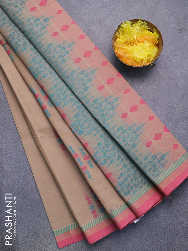Nithyam cotton saree beige and light pink with thread woven buttas and zari woven simple border