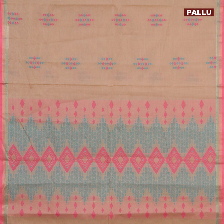Nithyam cotton saree beige and light pink with thread woven buttas and zari woven simple border