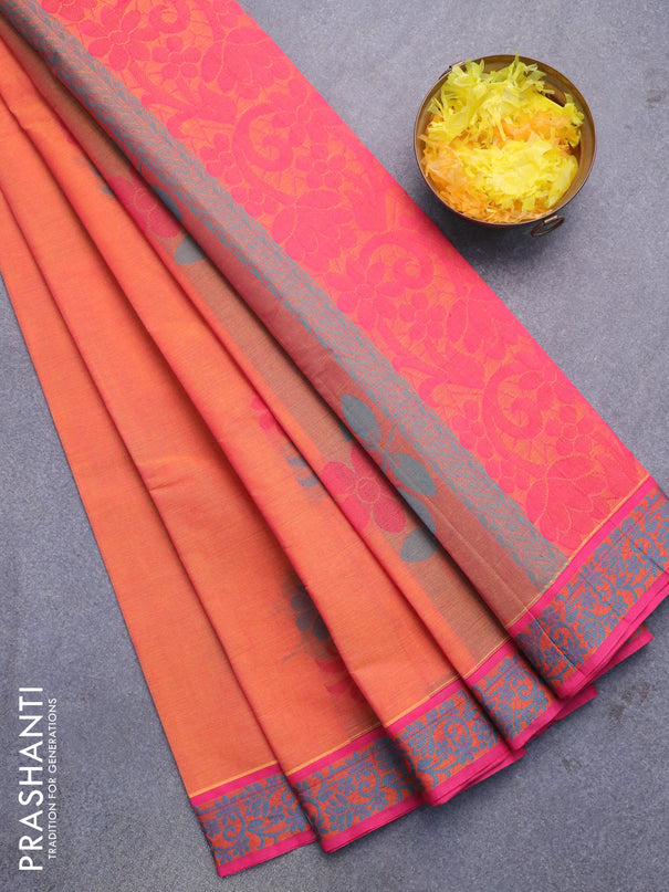 Nithyam cotton saree dual shade of orange and pink with thread woven buttas and thread woven border