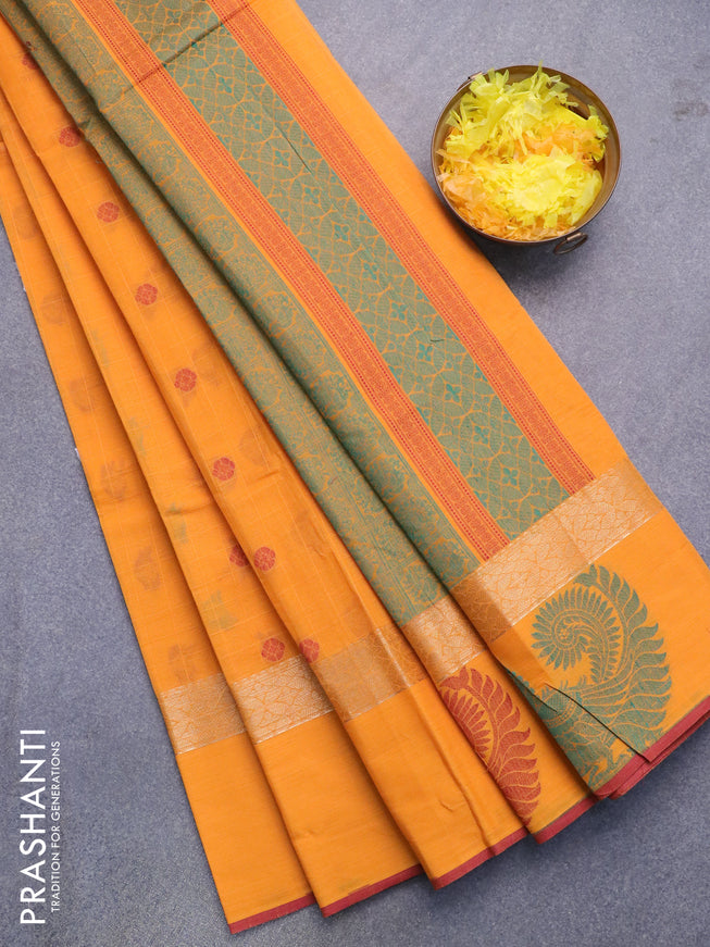 Nithyam cotton saree mango yellow and maroon shade with allover thread checks & buttas and zari woven thread butta border