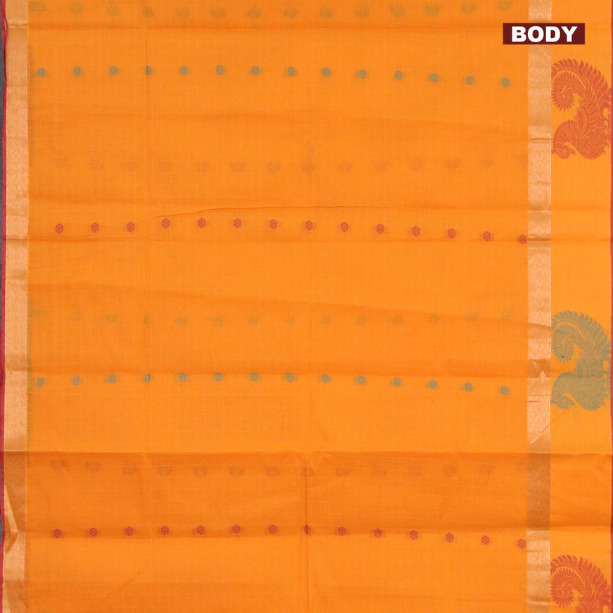 Nithyam cotton saree mango yellow and maroon shade with allover thread checks & buttas and zari woven thread butta border