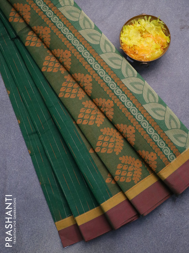Nithyam cotton saree green and dual shade of maroon with allover thread weaves & buttas and simple border