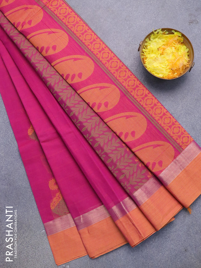Nithyam cotton saree magenta pink and mustard yellow with thread woven buttas and zari woven simple border