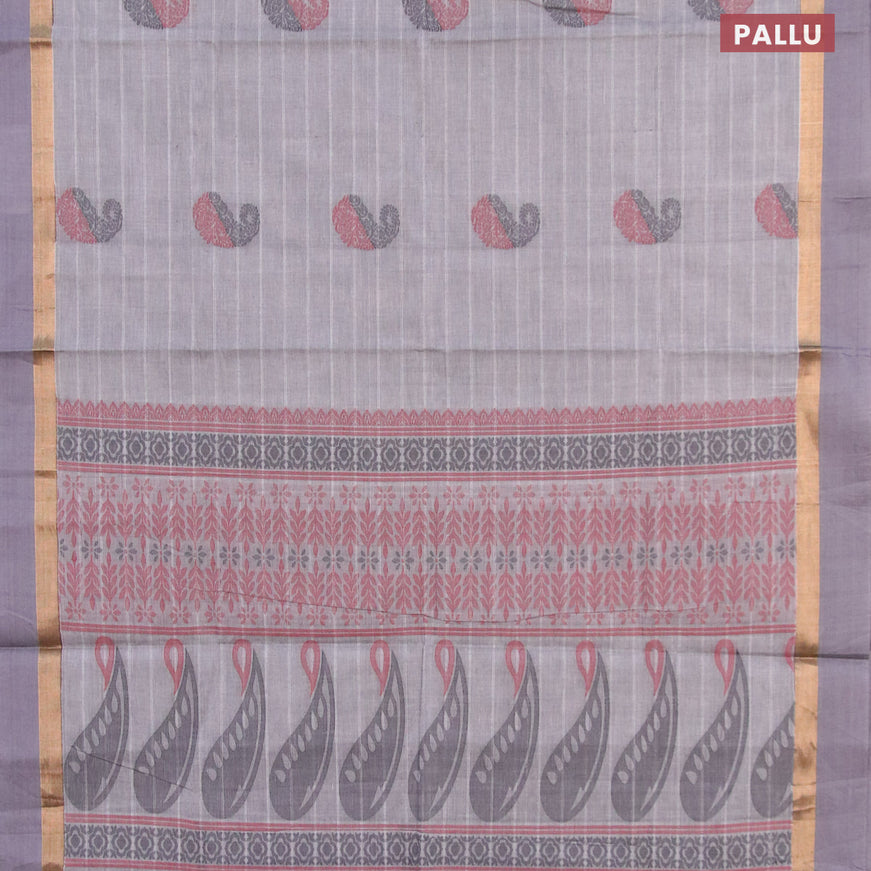 Nithyam cotton saree grey and dark grey with thread woven buttas and zari woven simple border