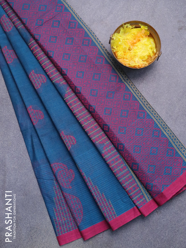Nithyam cotton saree peacock blue and magenta pink with thread woven buttas and simple border