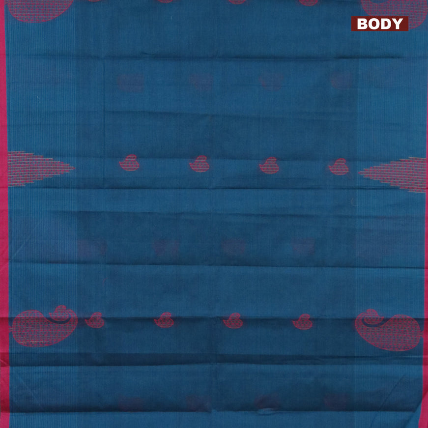 Nithyam cotton saree peacock blue and magenta pink with thread woven buttas and simple border