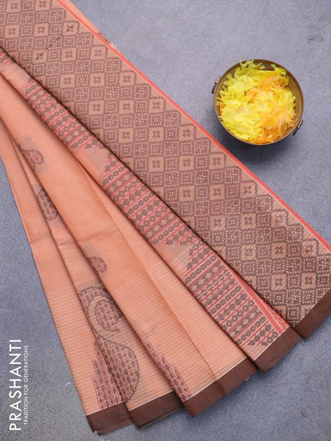Nithyam cotton saree peach shade with thread woven buttas and simple border