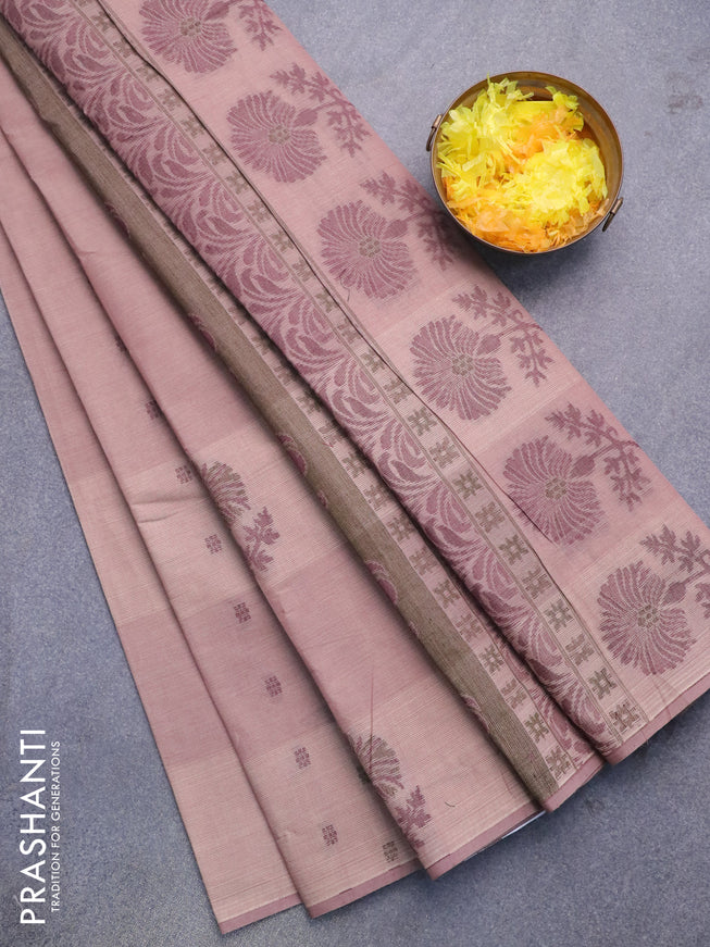 Nithyam cotton saree pastel brown shade with allover thread woven buttas in borderless style