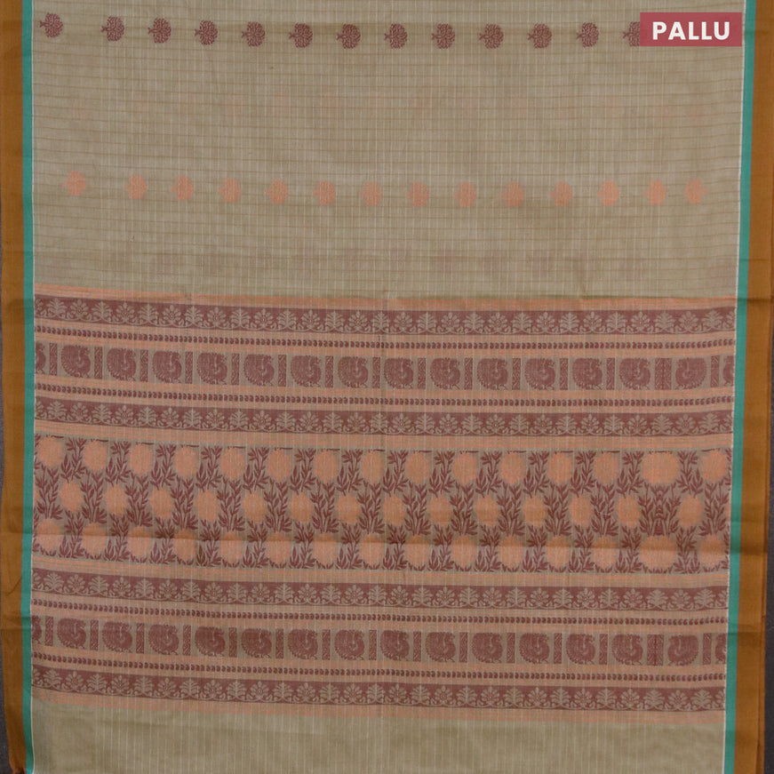 Nithyam cotton saree elaichi green and mustard shade with allover thread checks & buttas and simple border