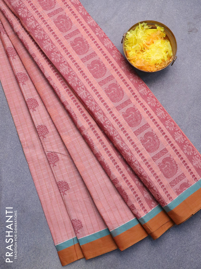 Nithyam cotton saree maroon shade and dark mustard yellow with allover thread stripes & woven buttas and simple border