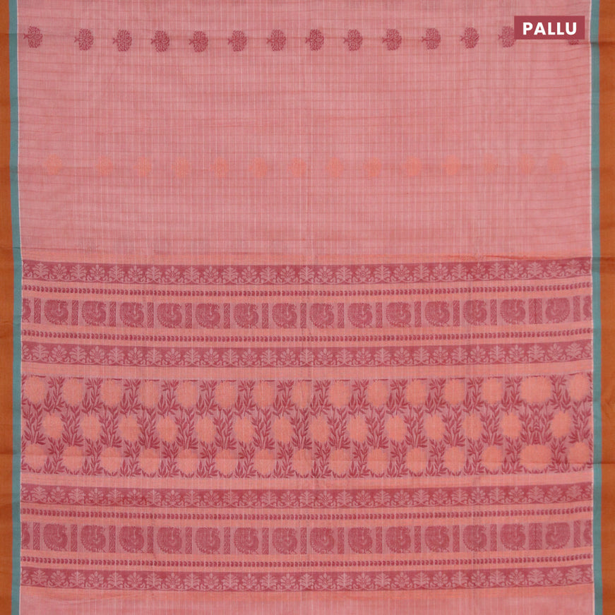 Nithyam cotton saree maroon shade and dark mustard yellow with allover thread stripes & woven buttas and simple border