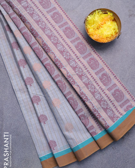 Nithyam cotton saree grey and dark mustard yellow with allover thread stripes & woven buttas and simple border