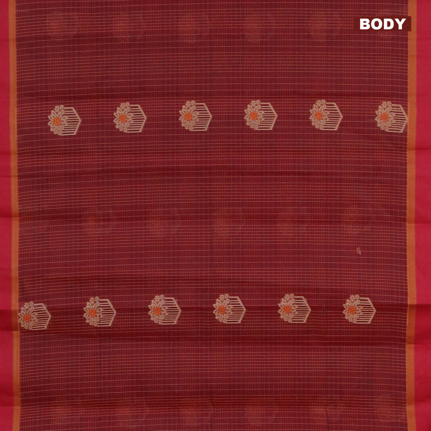 Nithyam cotton saree deep maroon and dark mustard yellow with allover thread checks & buttas and simple border