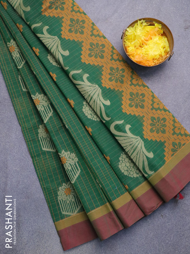 Nithyam cotton saree bottle green and maroon shade with allover thread checks & buttas and simple border