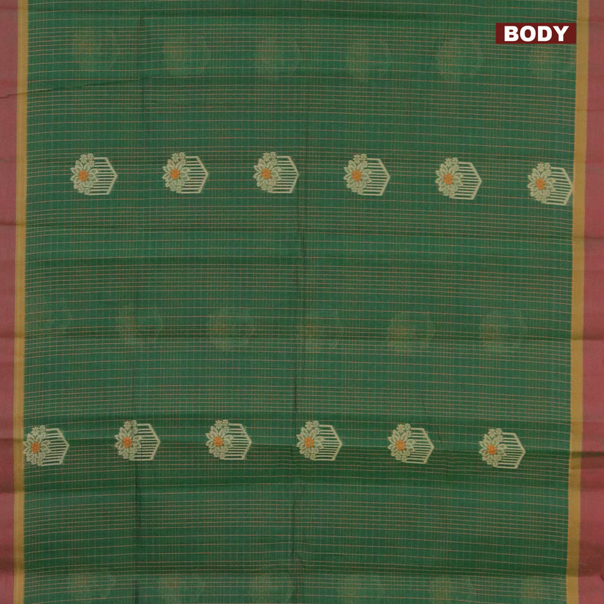 Nithyam cotton saree bottle green and maroon shade with allover thread checks & buttas and simple border