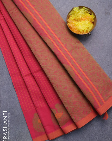 Nithyam cotton saree pink and dark mustard yellow with allover thread checked pattern and annam thread woven border