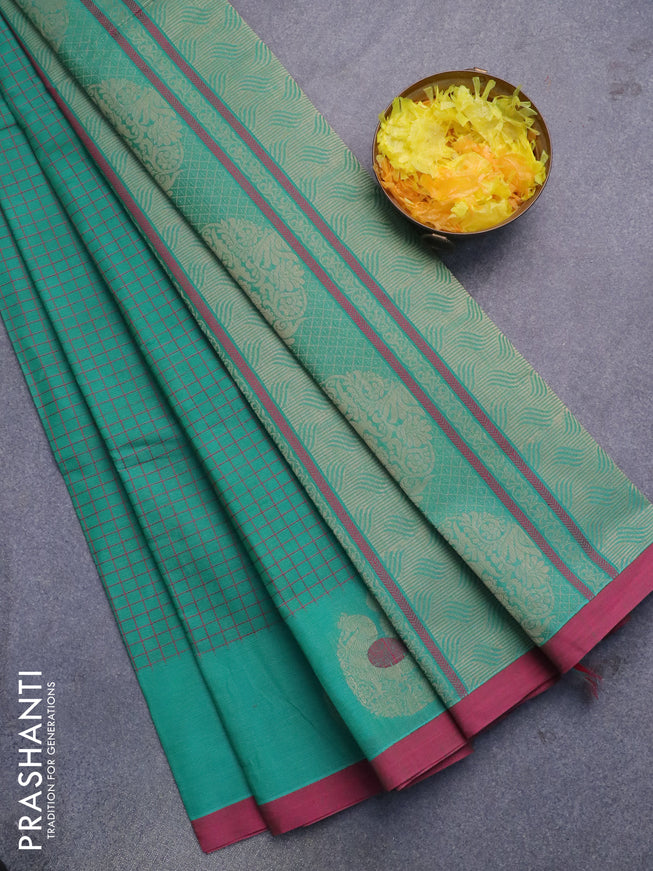 Nithyam cotton saree green and pink with allover thread checked pattern and annam thread woven border