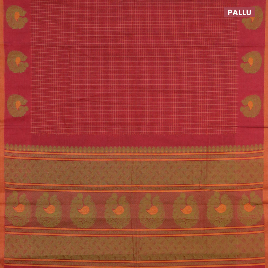 Nithyam cotton saree dual shade of maroon and dark mustard with allover thread checked pattern and annam thread woven border
