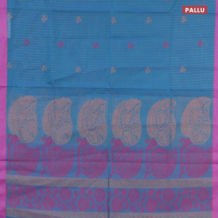 Nithyam cotton saree peacock blue and pink with allover copper zari & thread weaves buttas and simple border