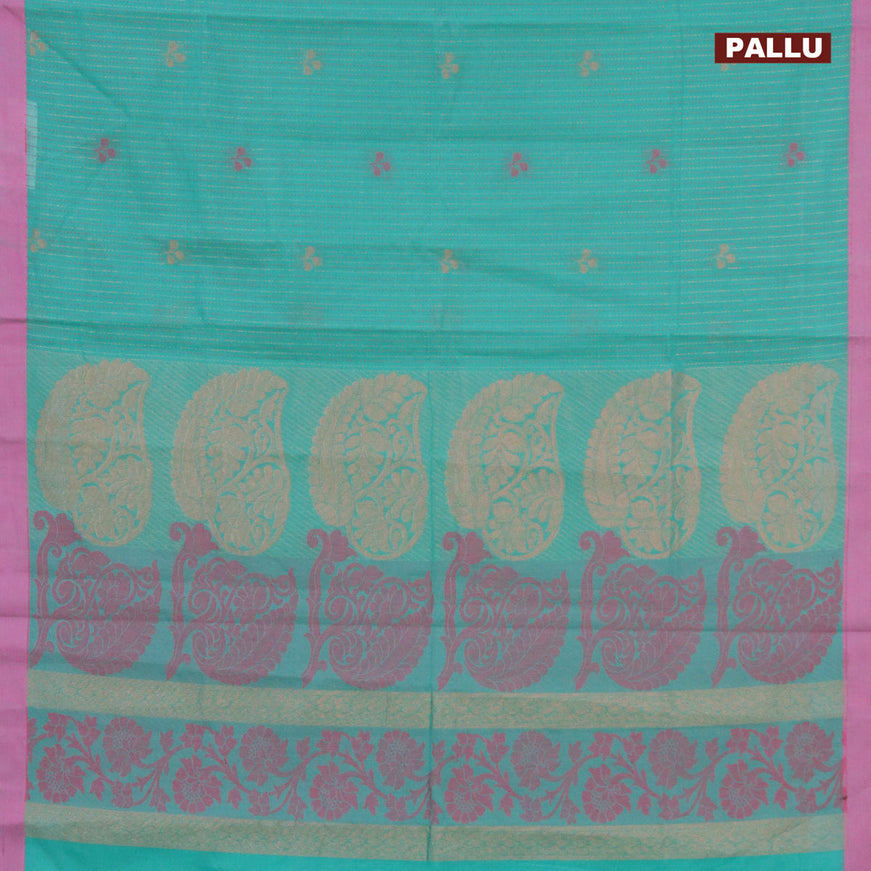 Nithyam cotton saree teal blue and pink with allover copper zari & thread weaves buttas and simple border