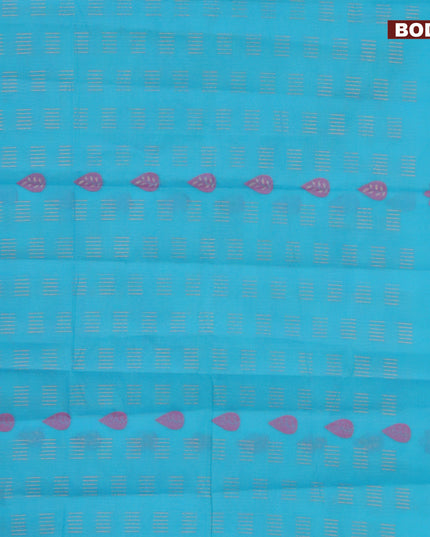 Nithyam cotton saree teal blue and pink with allover copper zari & thread woven buttas and simple border