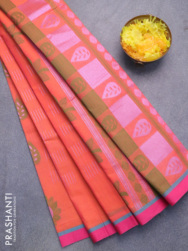 Nithyam cotton saree sunset orange and pink with allover zari & thread woven buttas and simple border