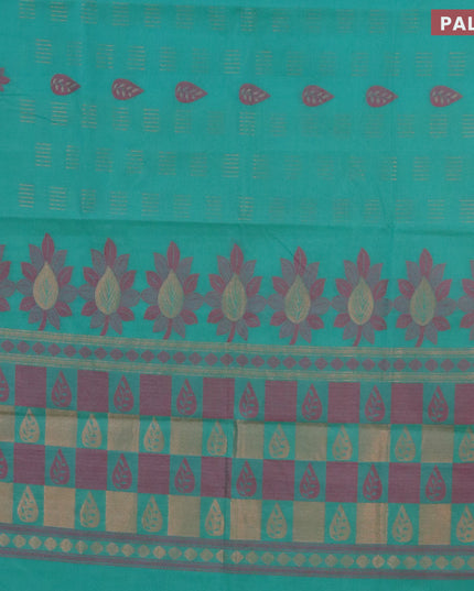 Nithyam cotton saree teal green and pink with allover zari & thread woven buttas and simple border