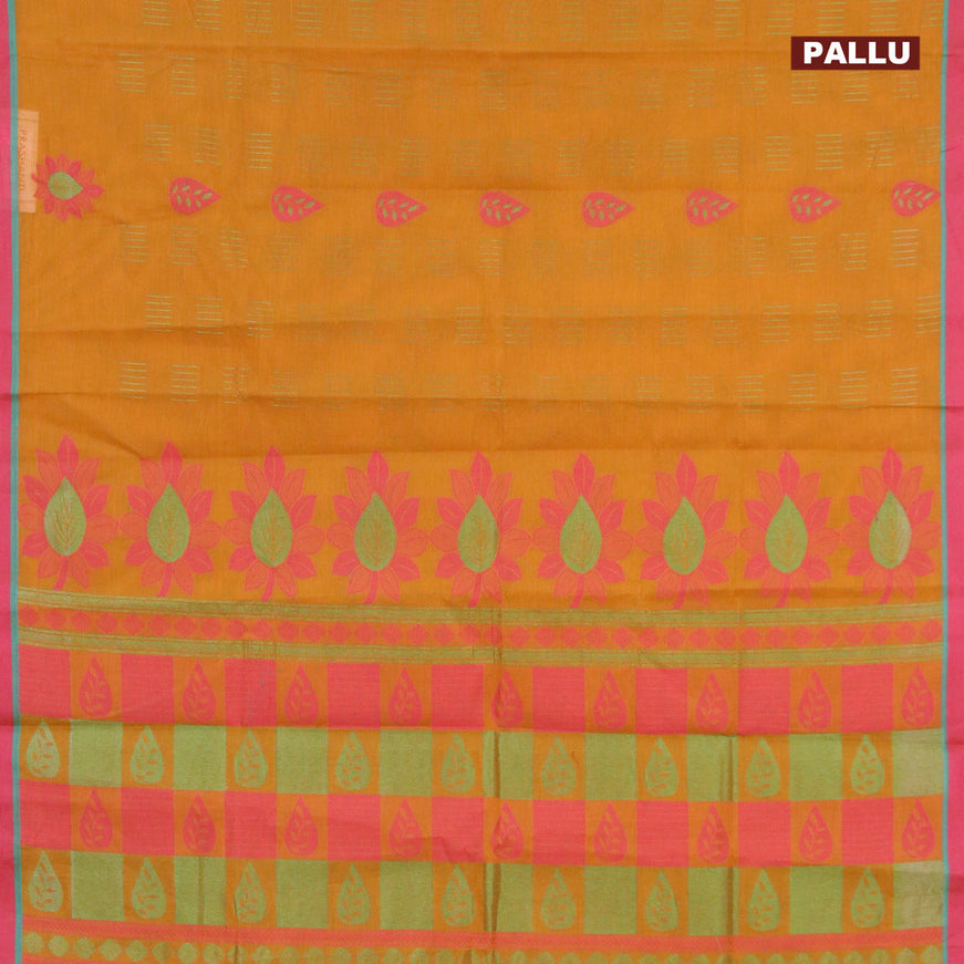 Nithyam cotton saree dark mustard yellow and pink shade with allover zari & thread woven buttas and simple border