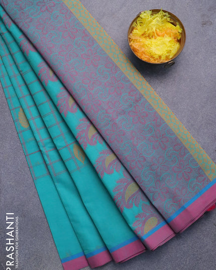Nithyam cotton saree teal blue and pink with allover thread checks & buttas and simple border