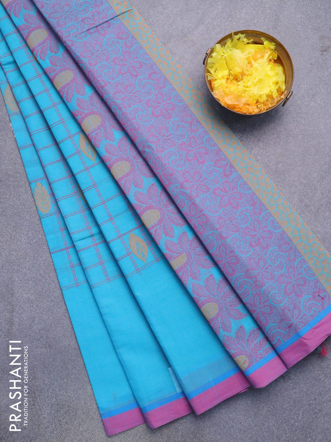 Nithyam cotton saree cs blue and pink with allover thread checks & buttas and simple border