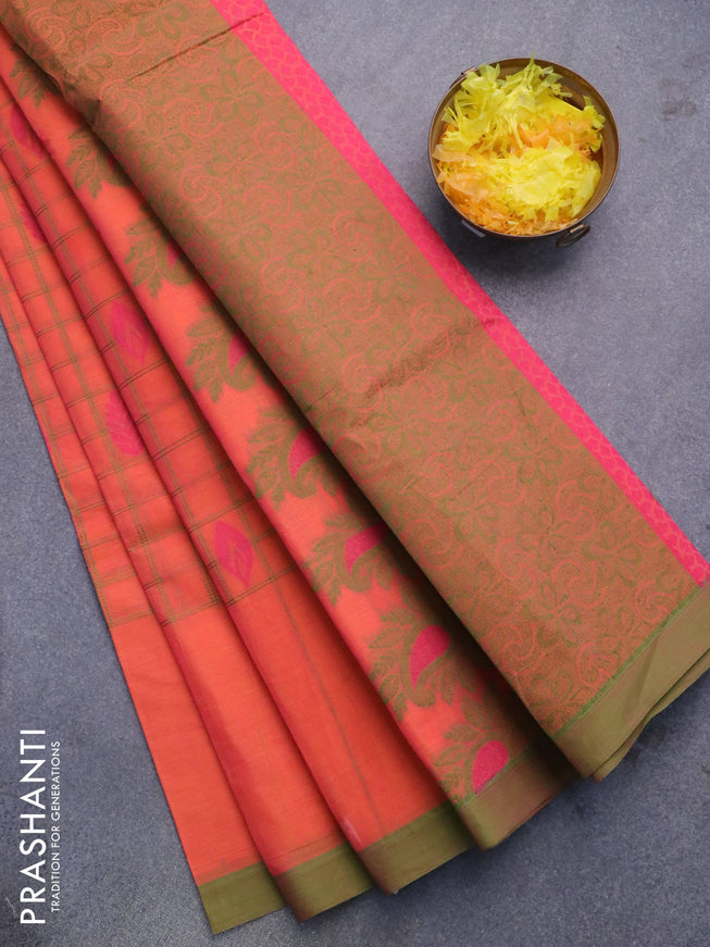 Nithyam cotton saree dual shade of orange and green shade with allover thread checks & buttas and simple border