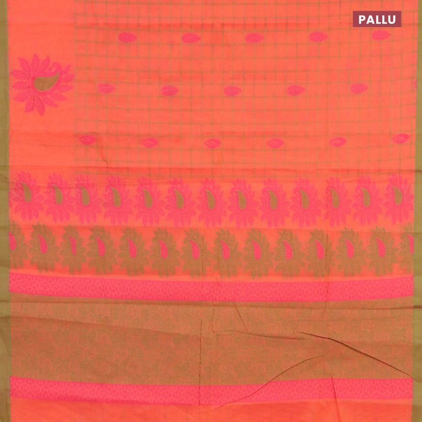 Nithyam cotton saree dual shade of orange and green shade with allover thread checks & buttas and simple border