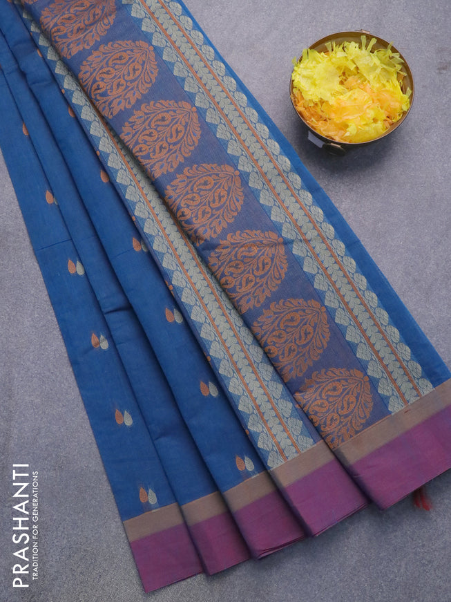 Nithyam cotton saree peacock blue and dual shade of maroon with thread woven buttas and simple border