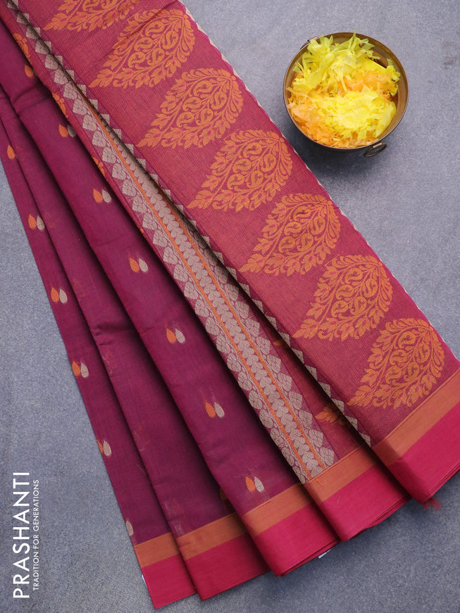 Nithyam cotton saree dark magenta and maroon with thread woven buttas and simple border