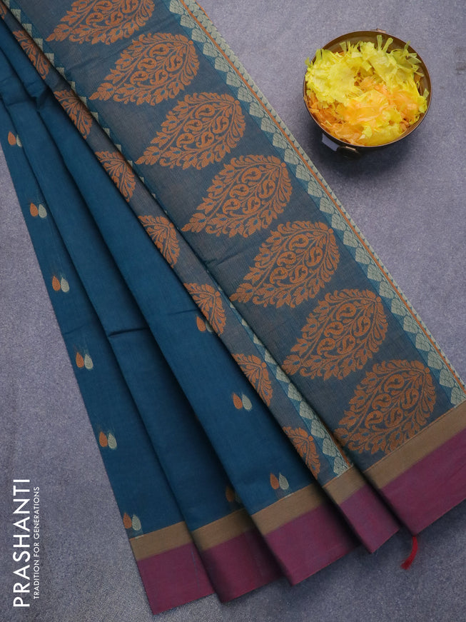 Nithyam cotton saree peacock green and dual shade of maroon with thread woven buttas and simple border