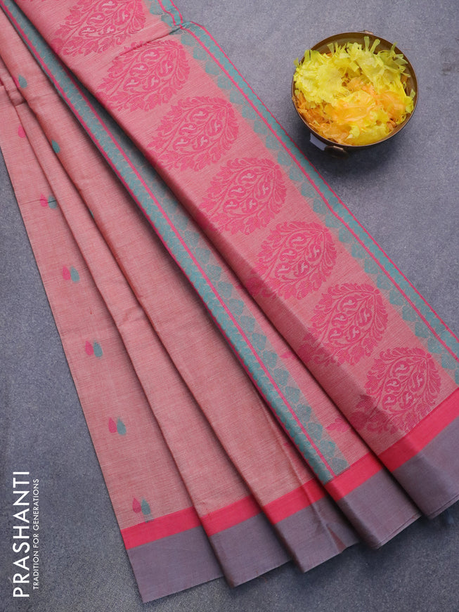 Nithyam cotton saree red shade and dual shade of grey with thread woven buttas and simple border