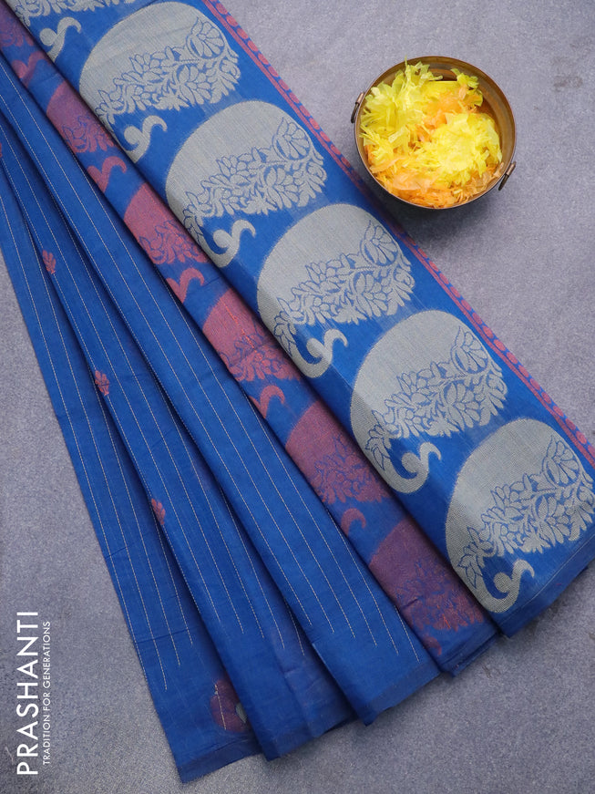 Nithyam cotton saree peacock blue with allover thread weaves & zari buttas in borderless style