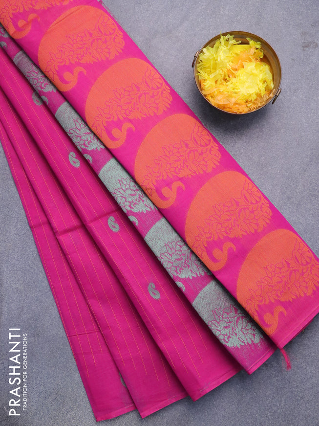 Nithyam cotton saree magenta pink with allover thread weaves & zari buttas in borderless style