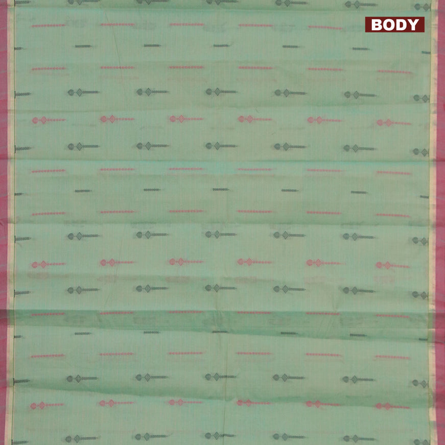 Nithyam cotton saree pastel green and dual shade of maroon with allover stripes & thread buttas and zari woven border