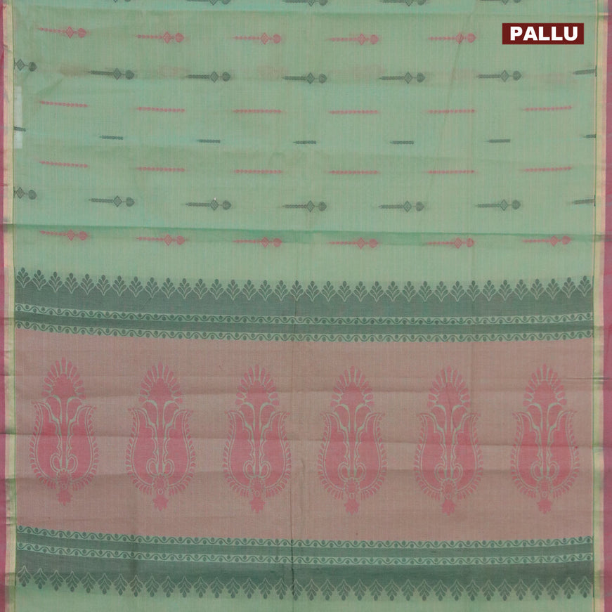 Nithyam cotton saree pastel green and dual shade of maroon with allover stripes & thread buttas and zari woven border