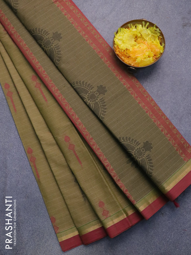 Nithyam cotton saree mehendi green and maroon shade with allover stripes & thread buttas and zari woven border