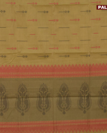 Nithyam cotton saree mehendi green and maroon shade with allover stripes & thread buttas and zari woven border