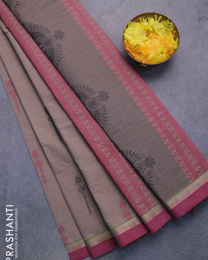 Nithyam cotton saree grey and maroon shade with allover stripes & thread buttas and zari woven border