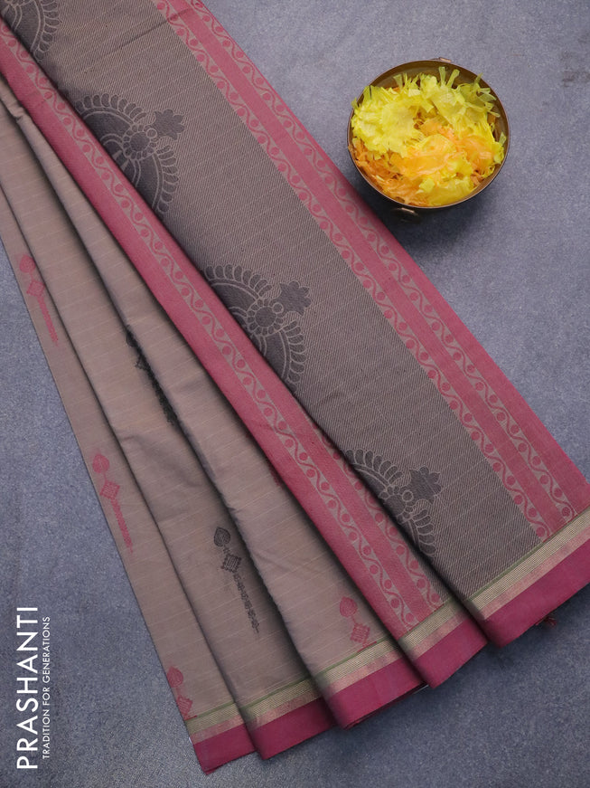 Nithyam cotton saree grey and maroon shade with allover stripes & thread buttas and zari woven border