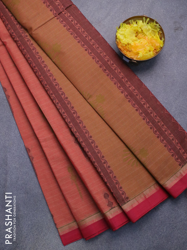 Nithyam cotton saree dual shade of maroon and maroon with allover stripes & thread buttas and zari woven border