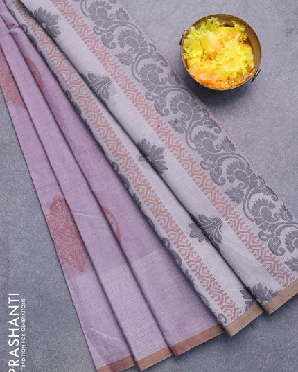 Nithyam cotton saree lavender shade and beige with thread woven buttas and piping border