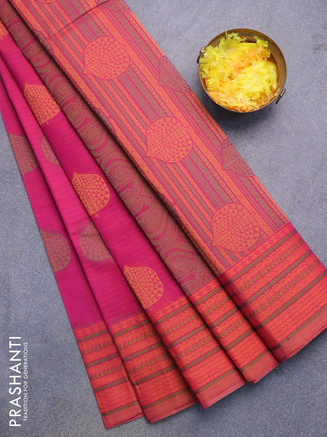 Nithyam cotton saree magenta pink and mustard yellow with allover thread stripes & buttas and thread woven border