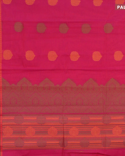 Nithyam cotton saree magenta pink and mustard yellow with allover thread stripes & buttas and thread woven border