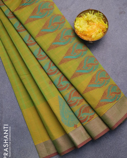 Nithyam cotton saree dual shade of mustard green and maroon shade with thread woven buttas and zari woven border