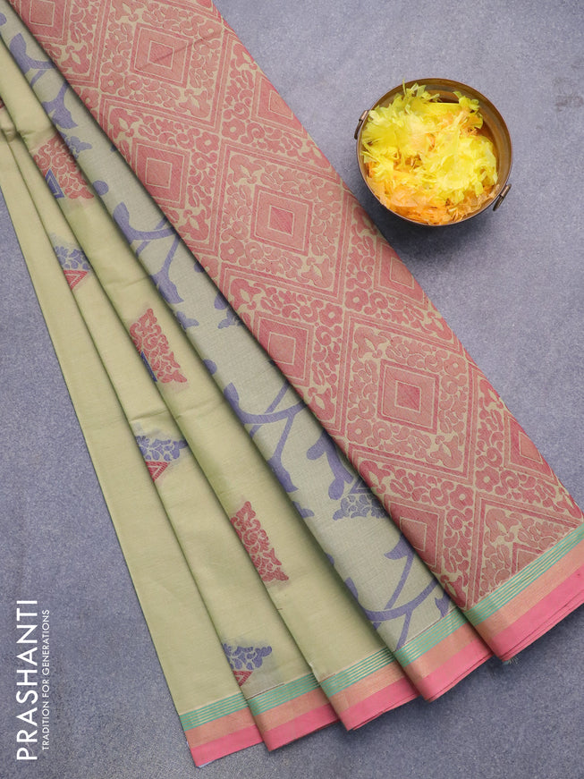 Nithyam cotton saree pista green and pink with geometric thread woven buttas and zari woven border